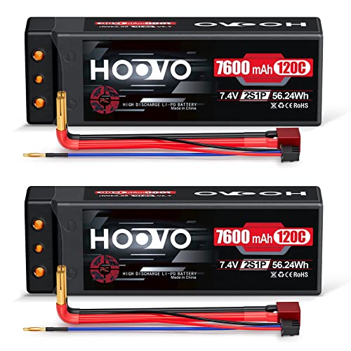 HOOVO 7600mAh 2S Lipo Battery 7.4V 120C RC Battery Hard Case 4mm Bullet with T Plug for RC Drag Car RC Truck Boat DJI Heli Airplane RC Models (2 Packs)