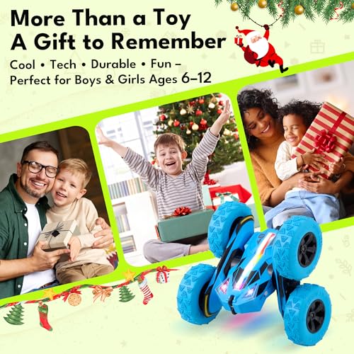 Threeking Remote Control Flip Stunt Car Double Sided Driving Crawler Toys | Quick-Swap Modular Battery Durable RC Cars with Auto Demo Breathing Soft Lights Gifts for Boys Girls Ages 6-12 - color: Blue