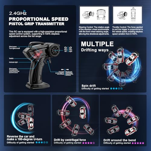 Drift RC Car, 2.4GHz Remote Control Car 4WD High Speed Racing Sport Vehicle with 2 Rechargeable Batteries, LED Lights, 1:24 Scale Racing Hobby RC Cars Toys for Ages 8-13 Boys Girls Kids Birthday Gift - color: White