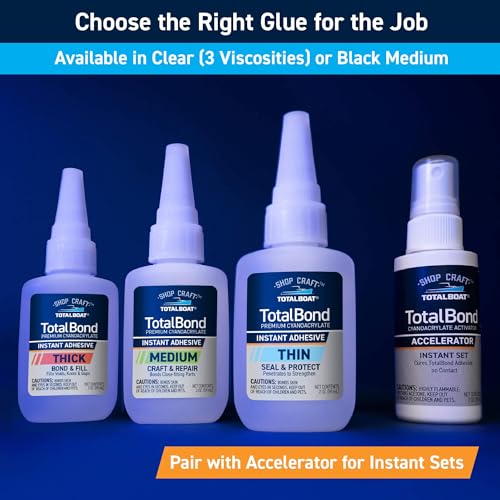 TotalBoat TotalBond Black Rubber Super Glue Adhesive, Medium CA Glue - 2 oz | Rubberized Liquid Cyanoacrylate Adhesive for Wood, Plastic, Glass & More; RC Builds, Woodworking & Flexible Repairs