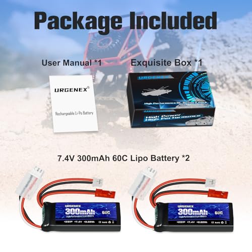 SCX24 Battery 7.4V Lipos 2S 60C(Burst 120C) 300mAh Rechargeable Mini Lithium Battery with JST&PH2.0 Dual Discharge Plug Fit for SCX24 RC Car WLtoys RC Truck Power for Airplane - style: 2PACK