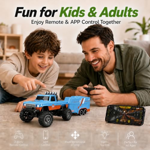 1:64 Scale Mini Remote Control Monster Truck with Trailer | 2.4GHz & App Dual Control, Alloy Mini RC Car with LED Lights, Portable Pocket Toy Car for Kids & Adults, Gift for Boys (Blue-b) - color: Blue-b
