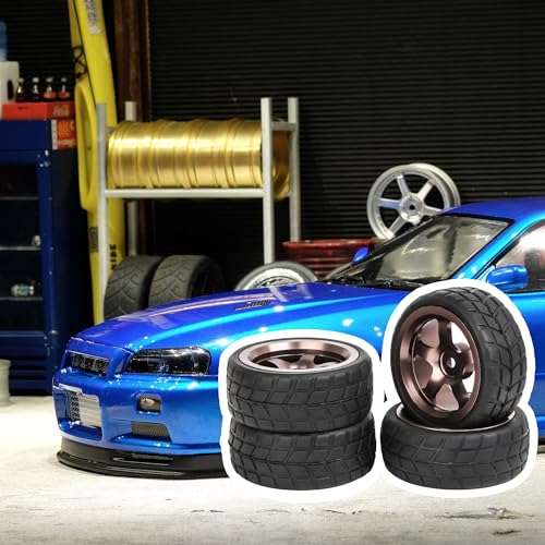 Mxfans 4Pcs 1:10 RC On-Road Wheels Grey 5-Spoke Alloy Rims | Black square pattern rubber tyres. For 1:10 RC on-road racing. Durable, great grip and handling.