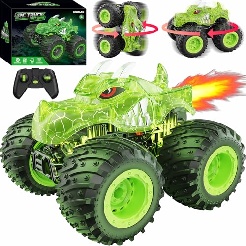 BAODLON RC Monster Trucks Toys for 3 4 5 6 7 8 Years Old Boys Kids, 2.4GHz Remote Control Monster Car, All Terrain RC Truck Off Road with Spray & Light, Rechargeable Battery, Christmas Birthday Gifts - style: Dinosaur-green