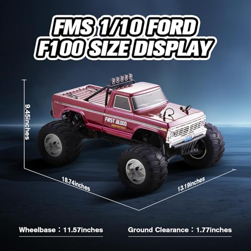 FMS 1/10 RC Truck Ford F-100,2WD Monster Truck with Licensed Body, 550 Brushed Motor, Oil Shocks, Independent Suspension – All-Terrain RC Crawler, High Speed Off-Road RC Car for Gift(Red First Blood) - color: Red First Blood