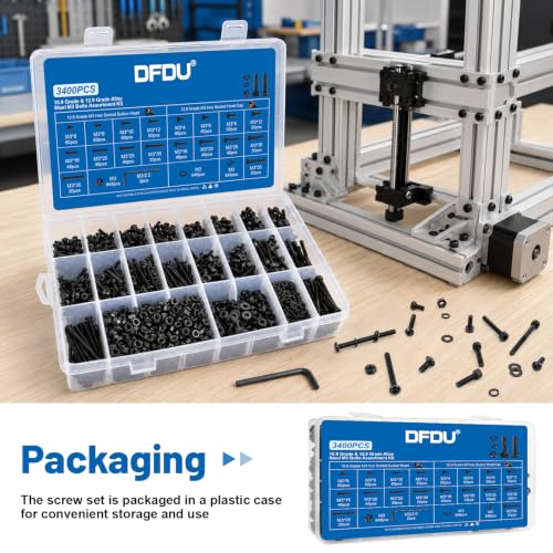 3400PCS M3 Hex Socket Button & Cap Head Screws Kit 12.9 & 10.9 Steel | Black Zinc Plated Machine Bolts and Nuts, Flat & Spring Washer, M3x4/6/8/10/12/16/20/25/30/35mm for DIY Repair 3D Printer - size: G12.9 M3 3400PCS