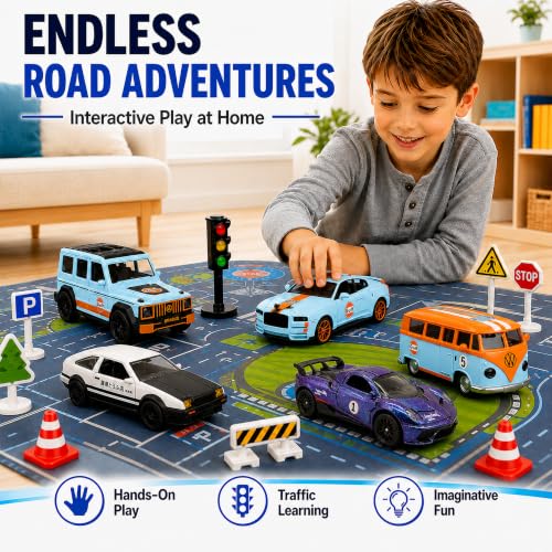 1:32 Alloy Pull Back Truck Toys for Kids, 6 Pack Die Cast Car Set with Road Map, Traffic Signs & Light, Toy Vehicle Playset, Birthday for Boys Girls Ages 3-8 - size: Alloy car 6-piece setpiece set