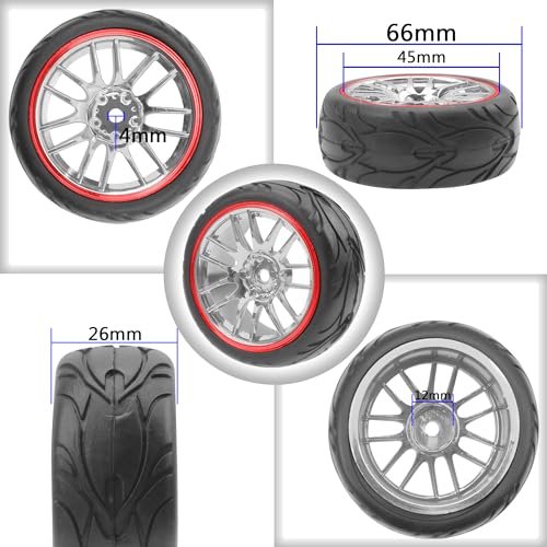 ShareGoo RC OD 2.59" Plastics 12mm Hex Wheels Rims & Rubber Tires Set 14-Spoke Compatible with Traxxas Tamiya Sakura HSP Kyosho WLtoys 1/10 RC On-Road Racing Touring Car (Red) - color: Red