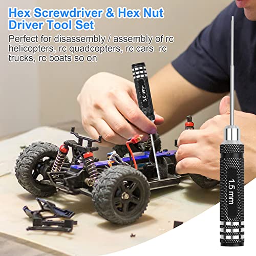 RC Hex Screwdriver Tool Set: 0.9mm 1.27mm 1.3mm 1.5mm 2.0mm 2.5mm 3.0mm Screwdriver Kit with Hex Nut Driver and RC Car Wrench Tool Kit for Multi-Axis FPV Racing Drone Quadcopter Helicopter