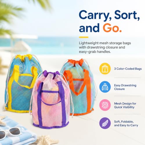3Pcs Foldable Toy Storage Bag, Large Capacity Sea Shell Bags for Beach, Portable Toy Storage Bag with Zipper and Strap, Storage Bucket for Sandbox - size: 3P-SEABAG