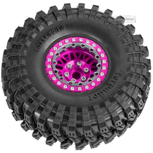 RC 1.9" Beadlock Wheel 1.9 Beadlock Tire for 1/10 SCX10 90046 AX103007 SCX10 II III TRX4 6 Gen7 8 RC Crawler,Alloy 1.9 rc Wheels and Tires Rubber Tires 1.9 Rims w/Wheels Ring,Pink - color: Pink(4pcs)