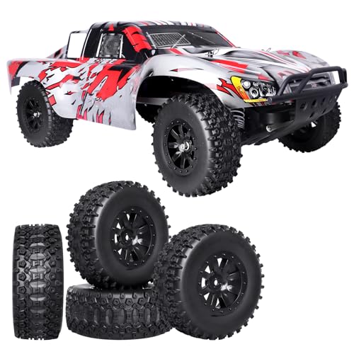 Pre-Glued 1/10 RC Short Course Truck Wheels and Tires Combo 12mm Hex - Compatible with Traxxas Slash 4X4 BL-2S, Losi Tenacity, Redcat Blackout(Set of 4)