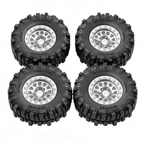 REDSPIDER RC 1.3inch Beadlock Wheels and Crawler Tires 64mm * 26mm Mud Slingers X Super Soft Sticky Tyres For RC 1/24 1/18 Scale Crawler TRX4M SCX24 FCX24 FCX18 (Silvery) - color: Silvery
