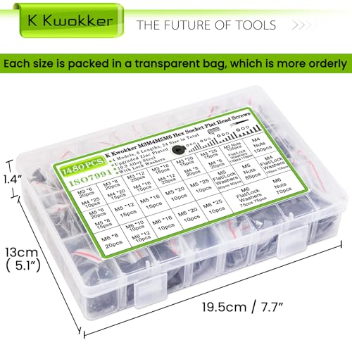 M3 M4 M5 M6 Nuts and Bolts Assortment Kit, Hex Socket Flat Head 24 Size 6-25mm Metric Bolt Assortment, Upgraded Zinc Plated Screw Set Machine Screws, Bolts and Nuts Kit w/Washers, 1485Pcs - size: F. M3 M4 M5 M6