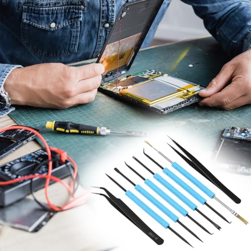 QWORK Professional Welding Auxiliary Tools Set, 6 Double-sided Repair Tools & 2 Anti-static Precision Tweezers for Electronic Repair, Soldering, and Grinding