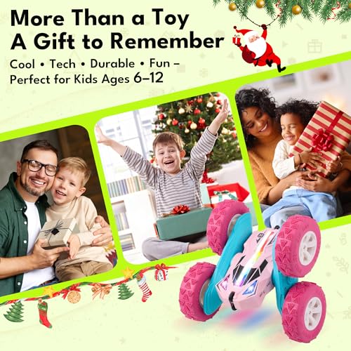 Threeking Pink Remote Control Cars RC Stunt Flip Car Crawler Toys Girls 6+ | Quick-Swap Modular Battery, Double-Sided Stunt RC Car, Durable, Auto Demo, Soft Lights – Gifts for Kids Ages 6-12 - color: Pink