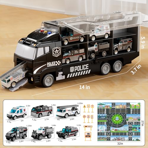 NIPLOOOW Toddler Boys Toys for 3 4 5 6 Years Old, Police Truck Vehicle Toy Set with Play Mat and Die-Cast Toy Car, Transport Carrier Truck for Kids, Birthday Gifts Toys for 3 4 5 6 7 8+ Year Old Boys - style: Police truck