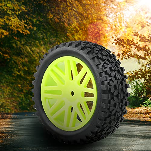 RC Tires Wheels Set, Green, 1/10 Scale, 12mm Hex | Compatible with Traxxas Rustler Stampede Slash Bandit, Front & Rear, Off-Road Tires for RC Car - color: Green