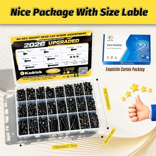 Kadrick M4 Screws Kit 1520PCS, M4x6MM-25MM Bolts with Nuts,Washers & Hex Wrench, Optimized Size Distribution, Class 12.9 Socket Head Cap M4 Screws, Black Zinc Plated, for Mechanical, Repair & DIY - size: M4 1520Pcs New