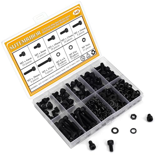 245 Pieces M5 Screws Nuts Washers Set Black, Sutemribor M5 x 6/8/10/12/16/20/25mm Hex Socket Head Cap Screws Nuts Washers Assortment Kit, 12.9 Grade Alloy Steel, Fully Threaded - size: M5, style: Socket Head