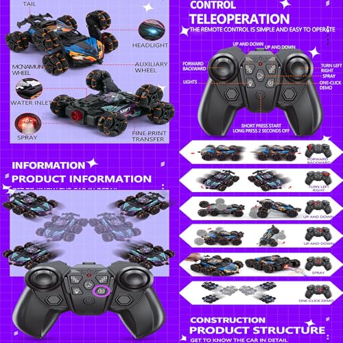 Six-wheel RC Control Racing Car Spray Off Road Truck Function That Can Turn Back & Forth 4-Channel Double Sided Remote Control Expert Drift Twisting Plastic Stunt Car 500m Range for Indoor-Outdoor Use