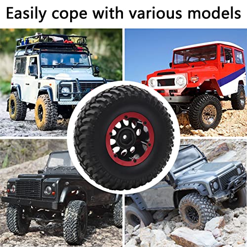 4-Pack 1.9 Inch Tires and Wheel Rims OD 100mm Off Road Rubber Tyre & Plastic 10-Holes Beadlock Rim 12mm Hex Hub for 1/10 RC Crawler Truck, Red