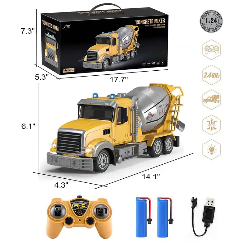 KNACKTOYZ RC Cement Mixer Toy Truck for Boys - 6 Channel Remote Control Construction Toys with 2 Rechargeable Batteries, 1:24 Auto Demo 360 Degree Stirring Vehicles with Lights, for Kids