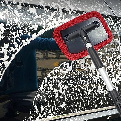 Ziciner Car Windshield Cleaner, Microfiber Auto Cleaning Wiper with Aluminum Extendable Handle and 2 Washable Reusable Cloth Pad Head, Universal Vehicle Interior Exterior Cleaner Kit (Red-Rectangle) - size: Red-Rectangle