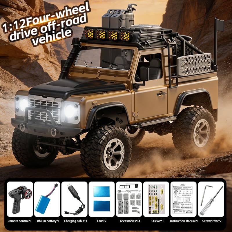 KF90 1/12 Scale 4WD RC Rock Crawler, All-Terrain Off-Road Truck with 2.4GHz Full Proportional Control, LED Lights, 7.4V 1200mAh, Waterproof RTR Hobby Grade RC Car for Adults, Yellow - color: Yellow