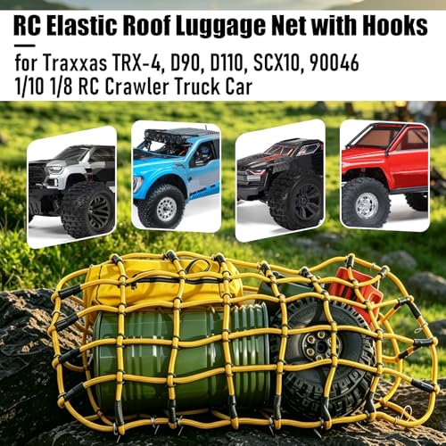 1/10 RC Elastic Cargo Net with Hooks, 240×140mm Roof Luggage Net for SCX10 | Compatible with 1/10 1/8 Traxxas TRX-4, D90, D110, SCX10, 90046 1/10 1/8 Crawler Truck Buggy Rack Accessories (Yellow) - color: Yellow