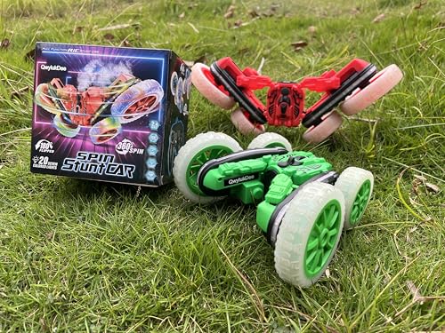 Rc Stunt Cars, Remote Control Cars with Sides Light Strip & 360° Flips Rotating Spray, Double Sided 2.4Ghz All Terrain Toy for Kids Ages 6-12 Year Old Gift (Green) - color: Green