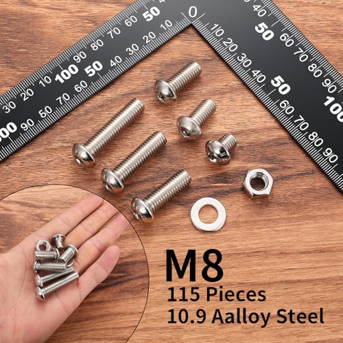 115 Pcs M8 Screws Assortment Kit, Metric Nuts and Bolts Assortment Kit, Hex Socket Button Head Cap Screw Bolts and Nuts Kits, Hex Socket Screw Set, Machine Screws Set, with Spanner(Silver) - size: M8