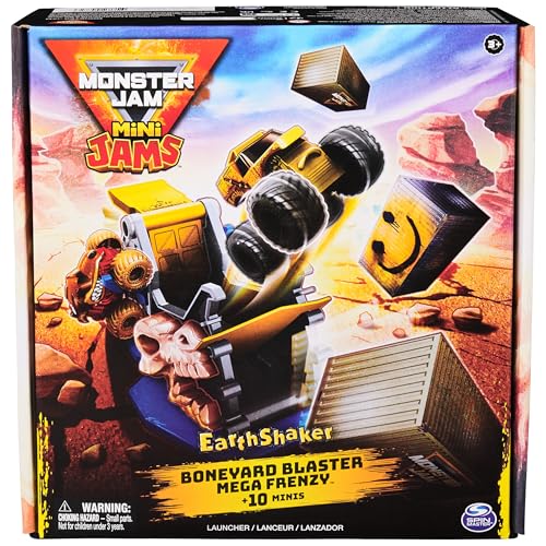 Monster Jam Mini Jams Earthshaker Boneyard Blaster Mega Frenzy Playset | 10 Mini Toy Trucks, Grave Digger, Blue Thunder & More, Hit Targets & Obstacle Courses, Pretend Play Gifts for Kids Ages 3+ - style: Mini Jams 10-Pack Playset
