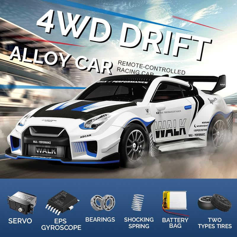 1/43 Scale RC Drift Car, 2.4G Full Proportional 4WD Remote Control Car with Gyro, Adjustable Speed & LED Lights, Alloy RC Vehicle for Adult
