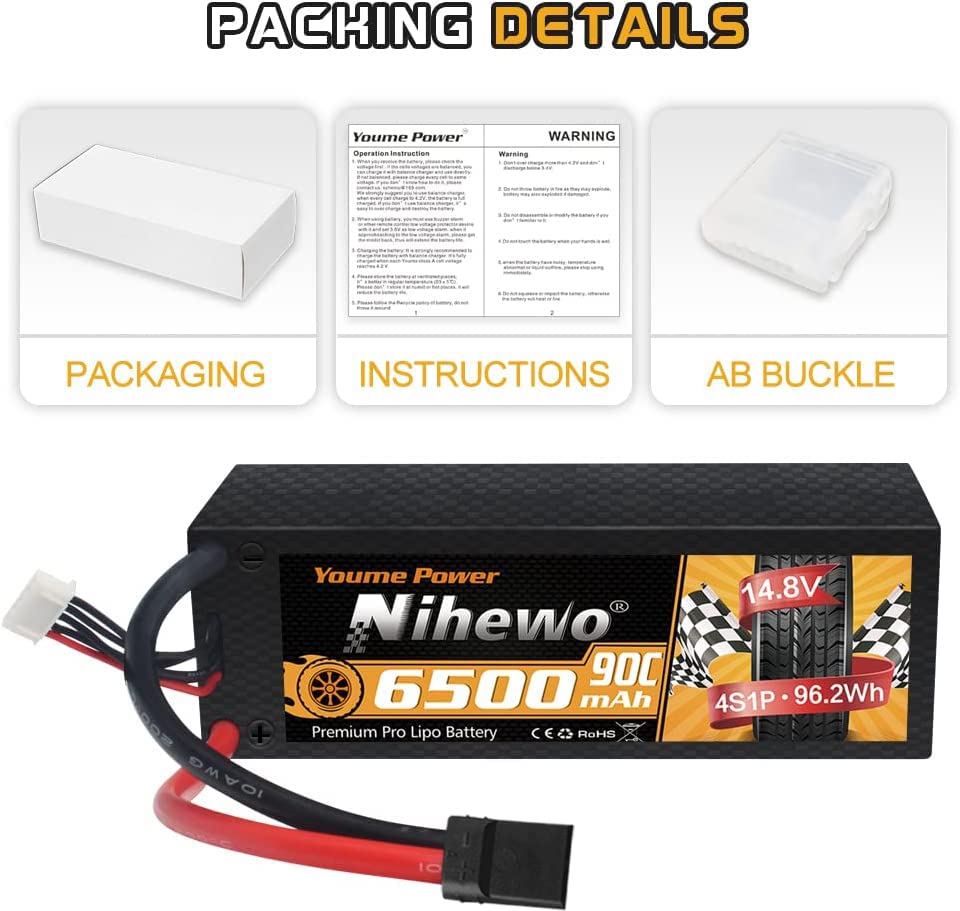 Niehwo 4S Lipo Battery 14.8V 6500mAh 90C Hard Case EC5 2Pcs for RC Car Boat | 2Packs 4S Battery 14.8V 6500mAh Hard Case Tx Plug for 1/5 1/6 1/7 1/8 RC Car Truck Vehicle High Discharge Rate Long Run Time - style: 14.8V 6500mAh
