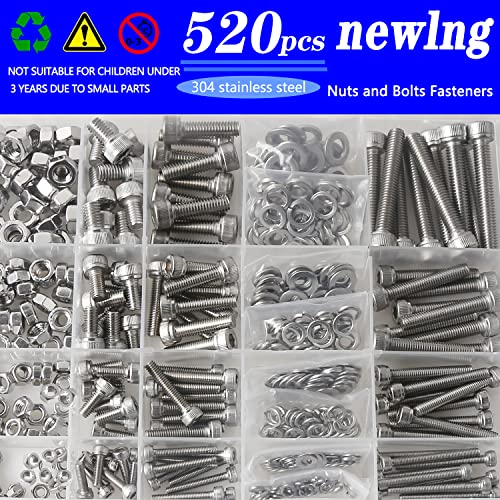 newlng Screws and Nuts M3 M4 M5 M6 Bolts and Nuts kit 520pcs 304 Stainless Steel Metric Hex Socket Head Cap Machine Screws Flat Washers Spring Washers Assortment Kit - size: E M3456