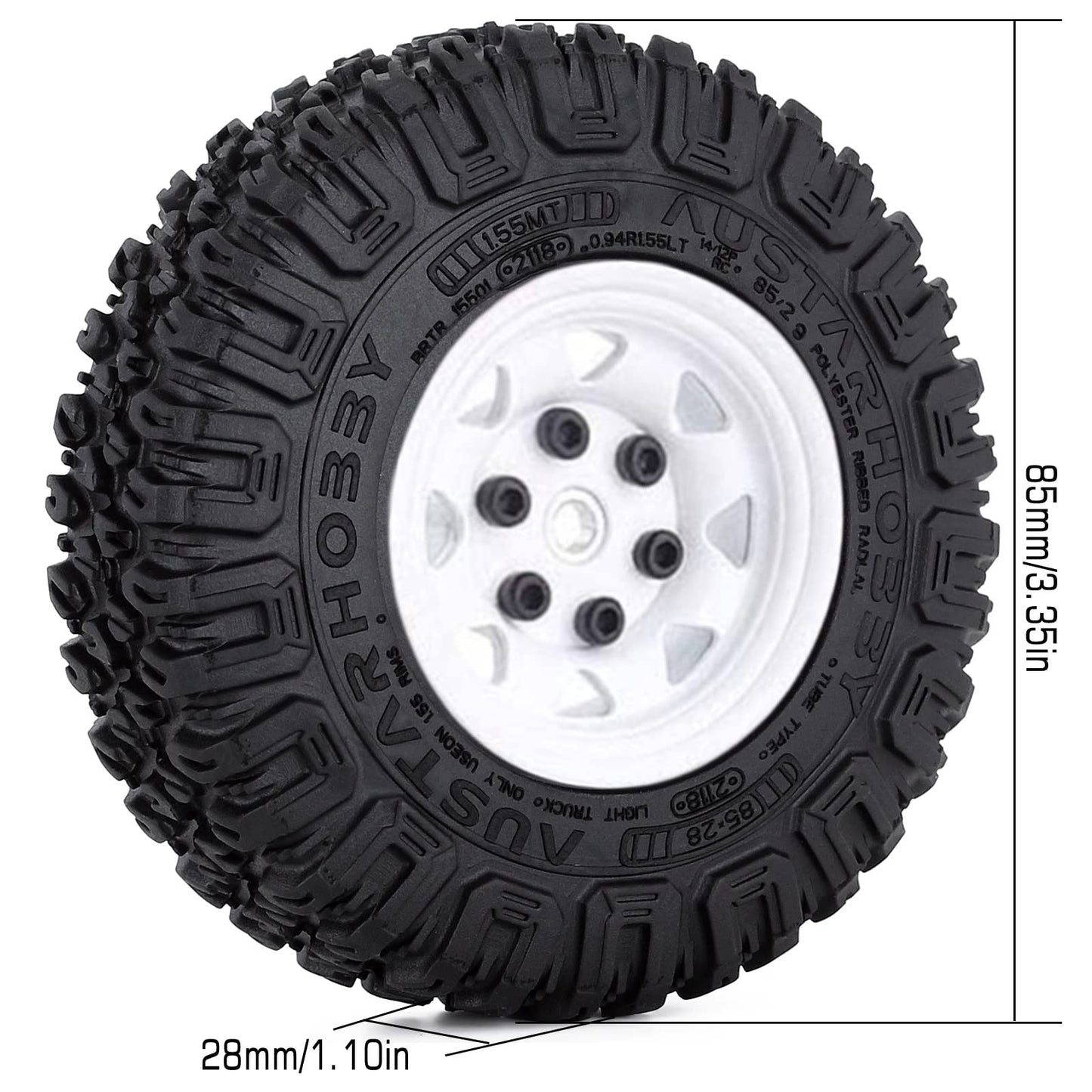 4PCS 1.55 inch 85mm Rubber Terrain Crawler Tires Metal Beadlock Wheel Rims Tires Set Compatible with 1/10 RC Crawler Car Axial AX90069 D90 TF2 Tamiya CC01 LC70 MST JIMNY (White) - color: 85mm-white