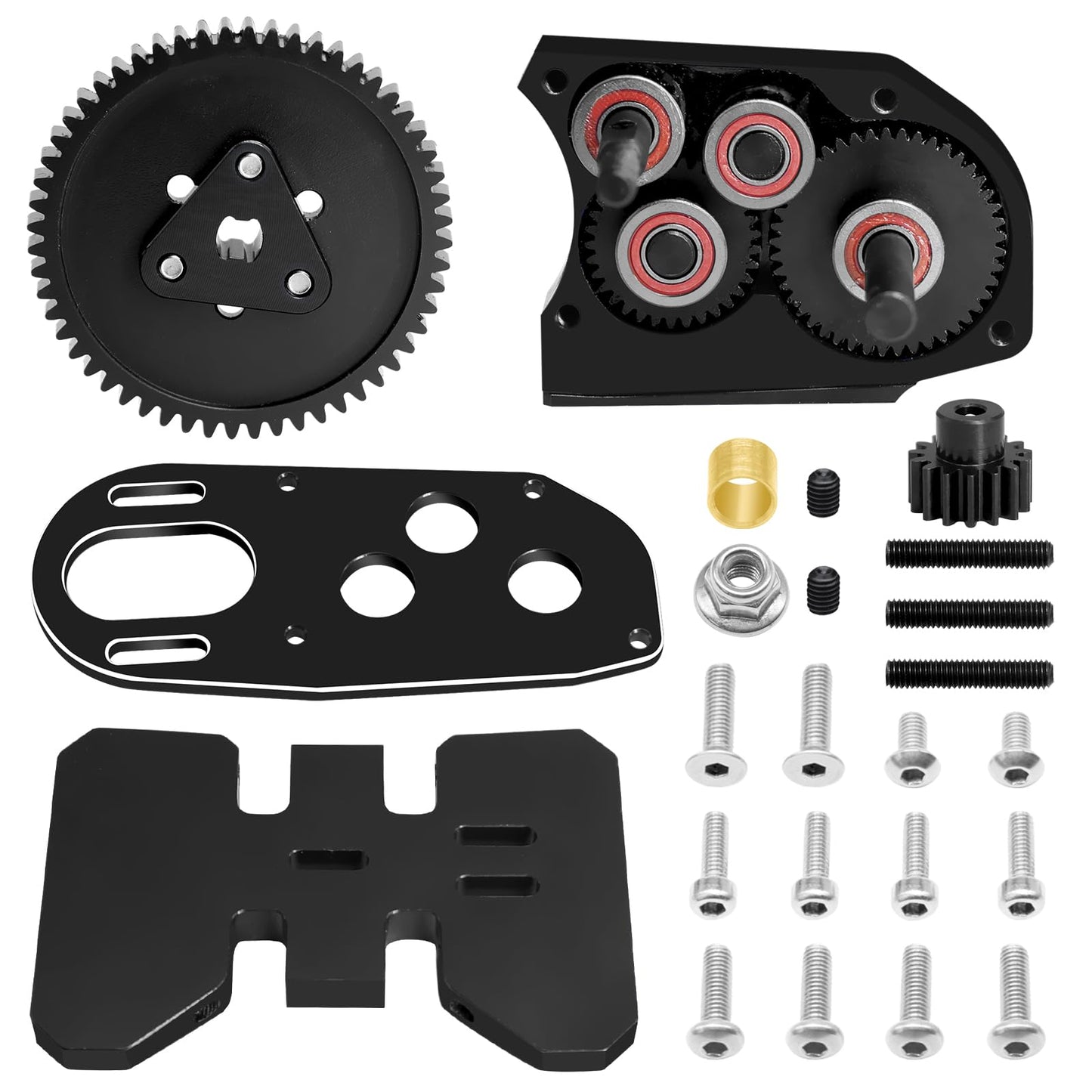 OGRC 2.Low Transmission 30% Overdrive Complete Gearbox with Skid Plate and 15T Motor Pinion for 1/10 Axial SCX10 I II RC Crawler Parts (Black) - color: Black