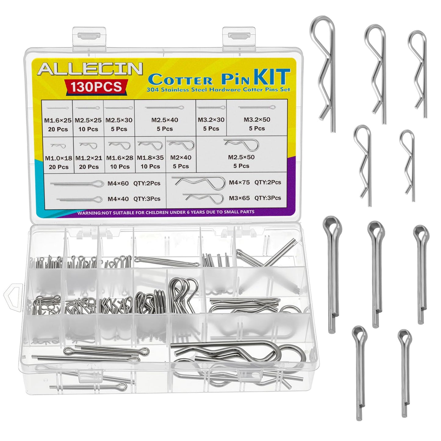 16 Sizes Cotter Pin Assortment Kit 304 Stainless Steel Hardware Cotter Pins Set R Clips Split Pins (Pack of 130Pcs) - size: R&Straight