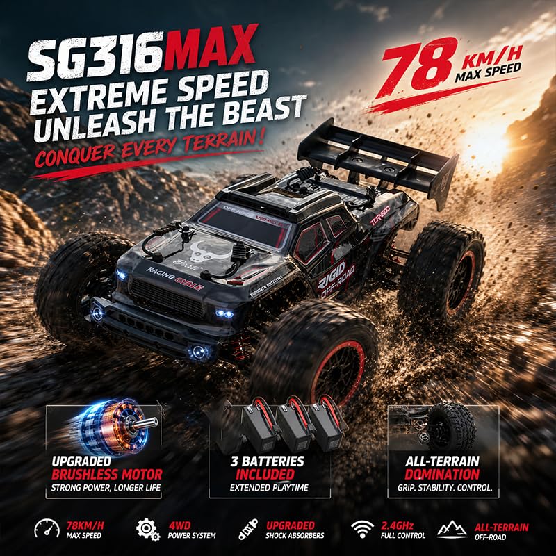 MAX 78KM/H Fast RC Cars for Adults with Carrying Bag, 1/16 Brushless Motor High Speed Remote Control Car, 4WD Drift Off Road RC Truck with 3 Lipo Batteries
