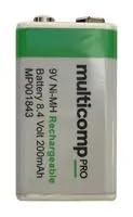 multicomp PRO Rechargeable Battery, 8.4 V, Nickel Metal Hydride, 200 mAh, PP3, Snap Contact
