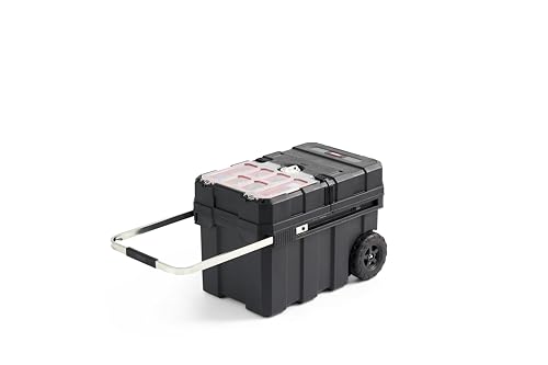 Keter Masterloader Resin Rolling Tool Box with Locking System and Removable Bins – Perfect Organization and Storage Chest for Power Drill, Tape Measure, and Screwdriver Set, Black | Black, Heavy Duty, Weatherproof, All Terrain Wheels, Durable, Easy Slide