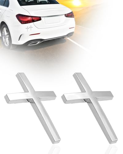 2PCS Metal Jesus Cross Car Emblem, 2.5"×1.8" 3D Silver Alloy Religious Jesus Christ Cross Badge Stickers, Self-Adhesive Automotive Christian Decals for Car Body, Tailgate, Window (Silver) - color: silver