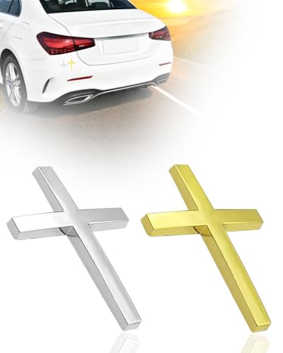 2PCS Metal Jesus Cross Car Emblem, 2.5"×1.8" 3D Silver Alloy Religious Jesus Christ Cross Badge Stickers, Self-Adhesive Automotive Christian Decals for Car Body, Tailgate, Window(Silver+Gold) - color: Silver+Golden