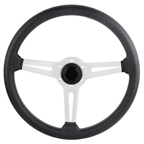 14 inch Genuine Leather 6 bolt Steering Wheel with Silver Spokes | Flat Drift Racing Steering Wheel White Stitching - color: 5126H-Silver