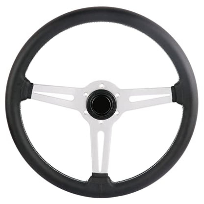 14 inch Genuine Leather 6 bolt Steering Wheel with Silver Spokes | Flat Drift Racing Steering Wheel White Stitching - color: 5126H-Silver