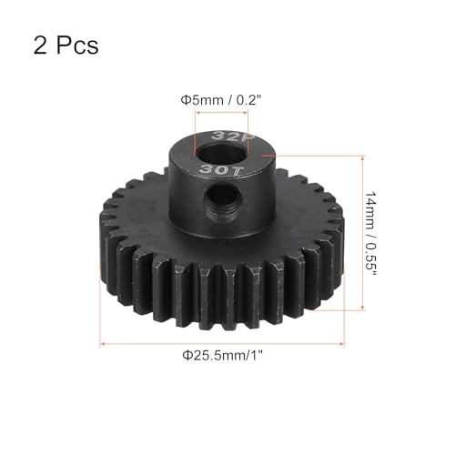 MECCANIXITY 2 Pcs RC 32P Hardened Pinion Gear 5mm Shaft, 30T Motor Gears Carbon Steel for 1/10 RC Model Car Boat Drone - style: 30T