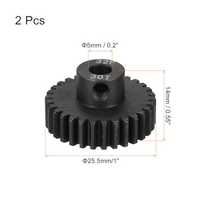 MECCANIXITY 2 Pcs RC 32P Hardened Pinion Gear 5mm Shaft, 30T Motor Gears Carbon Steel for 1/10 RC Model Car Boat Drone - style: 30T