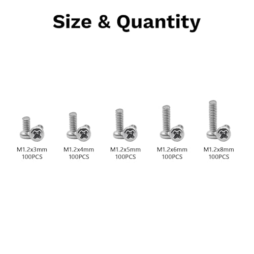 500Pcs 304 Stainless Steel Metric Micro Screws Nuts Assortment, M1.2x3/4/5/6/8mm Sizes, Phillips Pan Head, Fully Threaded Kit for Arduino, RC Models, Electronics, DIY Projects - size: M1.2x3/4/5/6/8-500Pcs