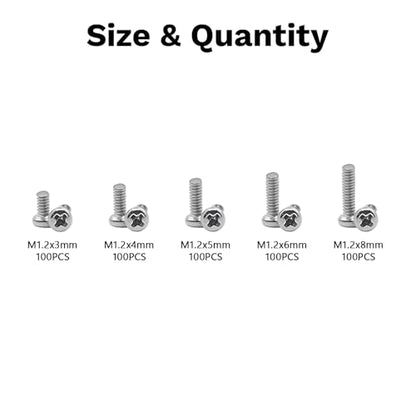 500Pcs 304 Stainless Steel Metric Micro Screws Nuts Assortment, M1.2x3/4/5/6/8mm Sizes, Phillips Pan Head, Fully Threaded Kit for Arduino, RC Models, Electronics, DIY Projects - size: M1.2x3/4/5/6/8-500Pcs
